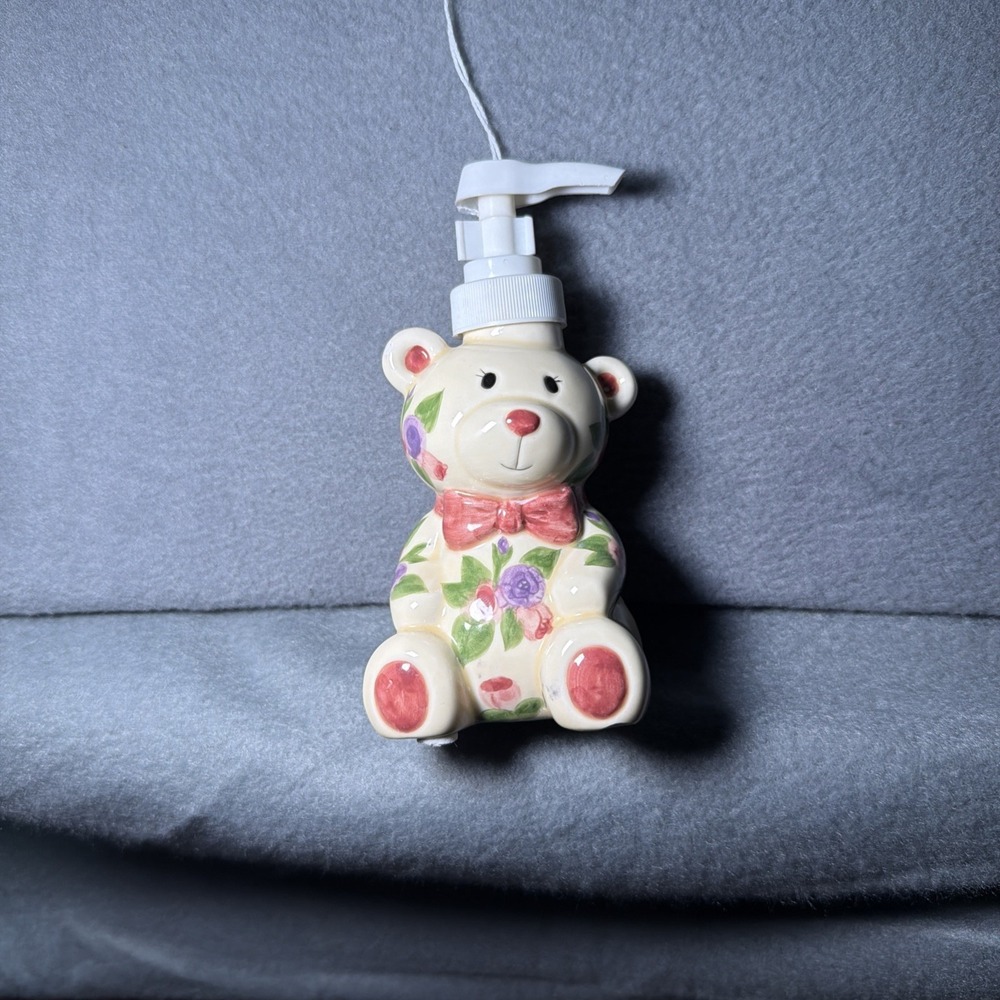 Vintage Ceramic Teddy Bear Soap Dispenser Pump, Freestanding, Floral.